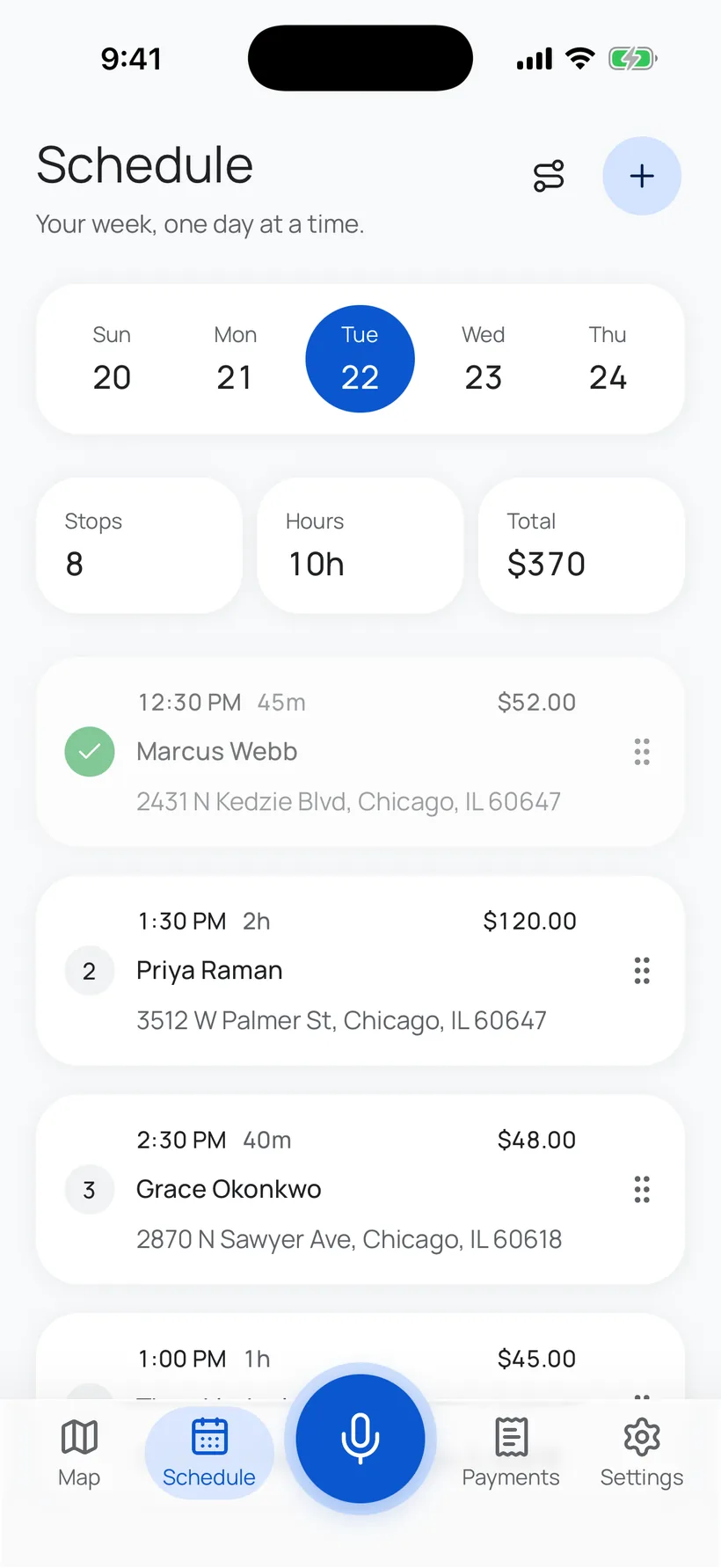 The SoloPro Network phone app's Schedule: Tuesday's eight stops over ten hours, worth $370, each one showing the time, the customer and the address.