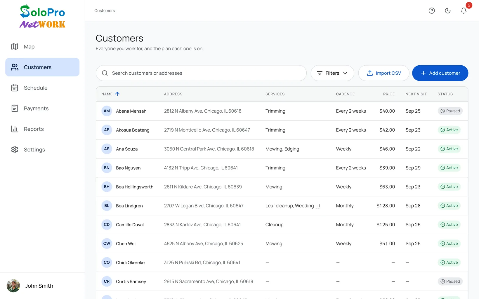 The SoloPro Network web dashboard's Customers page: every customer in one table with their address, services, cadence, price, next visit and status.