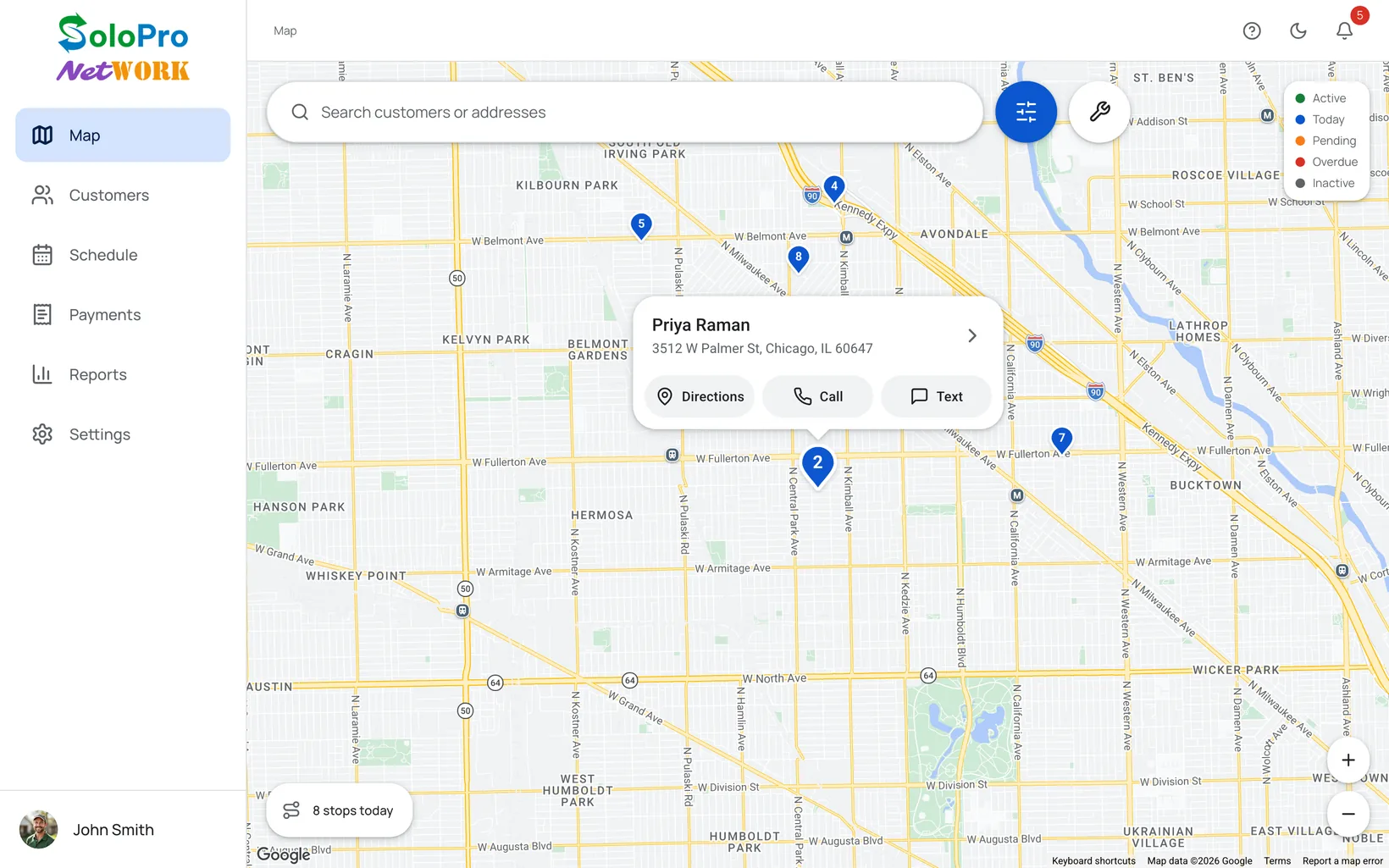 The SoloPro Network web dashboard’s map of Chicago’s northwest side with today’s eight stops as numbered blue pins, and Priya Raman’s pin selected: her name, her address, and Directions, Call and Text.
